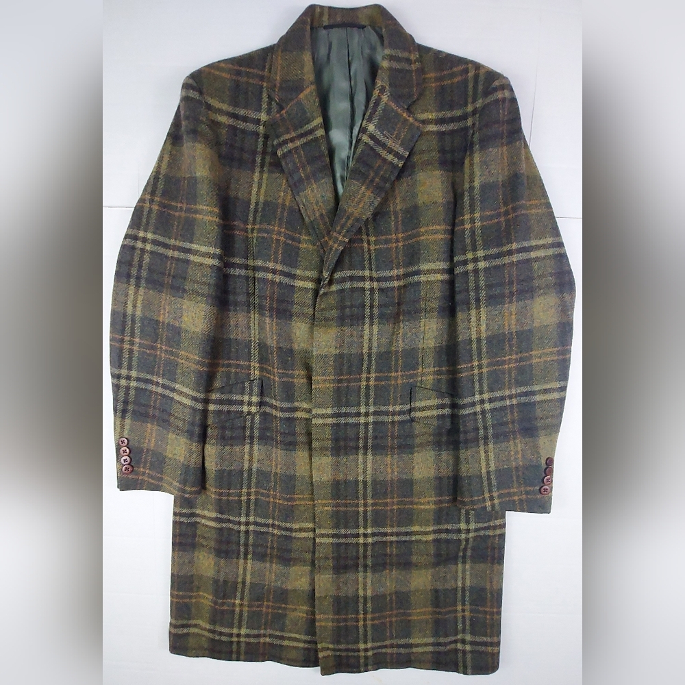 VTG Paul Stuart SB Madison Wool Coat Mens 40 Reg Green Tartan Plaid Union Made